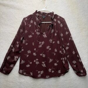Ann Taylor Maroon Floral Top Size Small Ruffle V-neck & Tie Detail Lined